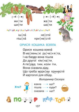 ЖИ Іти
ши|ти
Аб'Ч'дЕ * з і»йКлмНОпРсТуФхцчш ь»оЯ
іш|ла не|стй
піш|ла при|не|стй
ОРИСЯ КОШИКА ВЗЯЛА
Орися кошика взяла
Вма|лень|кі ру|че|ня|та,
І на базар вона пішла
До другої кім |на |ти.
А пе|ред тим, коли іти,
Вона сказала діду,
Що треба морк|ви принестй
Й картоплі для обіду.
Хто?
Володимир Сосюра
взяла — ►що?
пішла -----*- куди?
сказала—»- що?
П О * і* ^ +Р І ^ Р +Т ( ^ *
137
 
