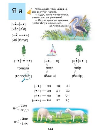 [чап Іл'а]
/ Чванькувато тітка-чапля че­
рез річку чап-чалапа.
— Куди, чапле чепурненька,
чимчикуєш так раненько?
— Йду на ярмарок хутенько,
треба яблук чималенько.
ЗаЛесею Вознюк
[йа Іблук]
♦
І
тополя
І
[ТОПО^) ]
г
тг
[= • - 1-*] [= •!= •
V V
яхта
А
явір
Д
/
[йахта]
/
[йавір]
[-•] — на та са
[•-] — ан ат ас
[=•] — ня тя ся
[=•-] — ян ят яс
144
 