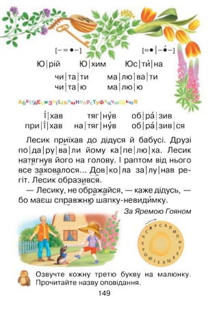 ЮІ рій Ю|хим
чи Іта Іти
чи Ітаїю
А6в^дЕ ж з ийКлмНоп9сТуфхцЧш »/оЯ
ма|лю| ва|ти
маї люї ю
ї |хав тяг|нув об |ра| зив
|ї |хав на |тяг |нув об ра ЗИВІ
Лесик приїхав до дідуся й бабусі. Друзі
по|да|ру|ва|ли йому ка|пе|лю |ха. Лесик
натягнув його на голову. І раптом від нього
все заховалося... Д ов|ко|ла за|лу|нав ре­
гіт. Лесик образився.
— Лесику, не ображайся, — каже дідусь, —
бо маєш справжню шапку-невидймку.
Озвучте кожну третю букву на малюнку.
Прочитайте назву оповідання.
149
 