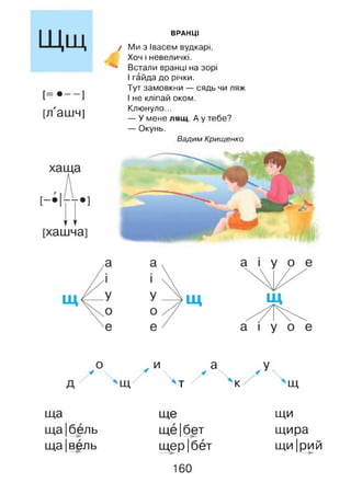 ВРАНЦІ
Щщ
[= • --]
[л'ашч]
/ Ми з Івасем вудкарі,
Хоч і невеличкі.
* Встали вранці на зорі
І гайда до річки.
Тут замовкни — сядь чи ляж
І не кліпай оком.
Клюнуло...
— У мене лящ. А у тебе?
— Окунь.
Вадим Крищенко

3
/
о

и а
 т / ч ' У  щ
ща ще щи
ща|бель ще |бет щира
ща|вель щер|бет щи |рий
160
 