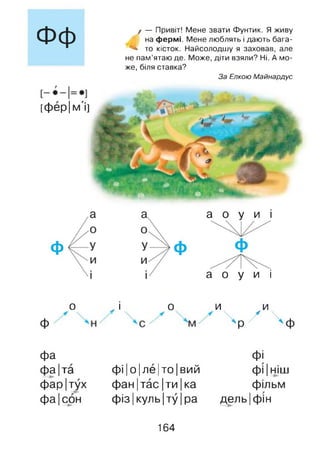 фф / — Привіт! Мене звати Фунтик. Я живу
4 на фермі. Мене люблять і дають бага­
то кісток. Найсолодшу я заховав, але
не пам’ятаю де. Може, діти взяли? Ні. А мо­
же, біля ставка?
За Елкою Майнардус
[фер|м'і]
Ф
а о у и і
а о у и і
о ^ і о и и
ф ^ р ^ ^ ф
фа фі
ф а|та ф ІІ 0 ІЛЄ ІТО Івий фі Ініш
фар |тух ф ан|тас|ти|ка фільм
ф а|сон ф із|куль|ту|ра дельїф ін1 ■
164
 