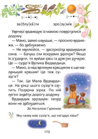 за|блу|ка|ти зро|зу|мів
Увечері ведмедик із мамою поверталися
додому.
— Мамо, ідемо швидше, — просило ведме­
жа, — бо заблукаємо.
— Не хвилюйся, — заспокоїла ведмедиця
сина. — Бачиш сім яскравих зірочок? Якщо
їх з ’єднати, то вийде ківш із довгою ручкою.
Це — сузір’я Велика Ведмедиця.
— Мамо, а над великим ковшиком є ще ма­
ленький ковшик! Це теж су­
зір’я?
— Так. Це Мала Ведмеди­
ця. На кінці цього сузір’я сві­
тить Подярна зірка. По ній
легко знайти дорогу додому.
Ведмедик зрозумів: тепер
вони не заблудяться.
За Наталією Гуркіною
О1}
*7'-' Яку назву має сузір’я, що нагадує ківш?
173
 