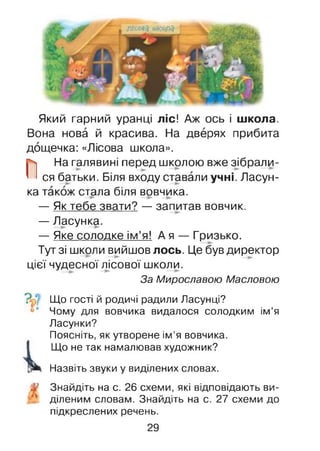 Який гарний уранці ліс! Аж ось і школа.
Вона нова й красива. На дверях прибита
дощечка: «Лісова школа».
П На галявині перед школою вже зібрали­
ся батьки. Біля входу ставали учні. Ласун­
ка також стала біля вовчика.
— Як тебе звати? — запитав вовчик.
— Ласунка.
— Яке солодке ім’я! А я — Гризько.
Тут зі школи вийшов лось. Це був директор
цієї чудесної лісової школи.
За Мирославою Масловою
Що гості й родичі радили Ласунці?
Чому для вовчика видалося солодким ім’я
Ласунки?
Поясніть, як утворене ім’я вовчика.
Що не так намалював художник?
Назвіть звуки у виділених словах.
Знайдіть на с. 26 схеми, які відповідають ви­
діленим словам. Знайдіть на с. 27 схеми до
підкреслених речень.
29
 