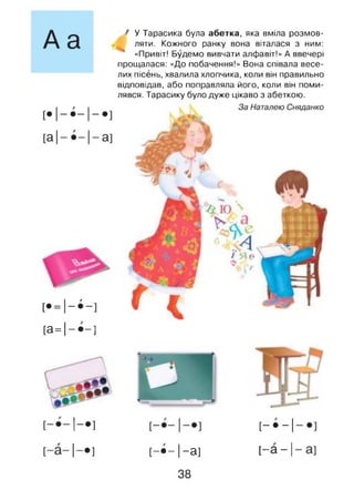 / У Тарасика була абетка, яка вміла розмов­
ляти. Кожного ранку вона віталася з ним:
«Привіт! Будемо вивчати алфавіт!» А ввечері
прощалася: «До побачення!» Вона співала весе­
лих пісень, хвалила хлопчика, коли він правильно
відповідав, або поправляла його, коли він поми­
лявся. Тарасику було дуже цікаво з абеткою.
[а=|—•—]
І-*] [ - • - 1
І-*] [ - • - 1-а] [-а-|
38
 