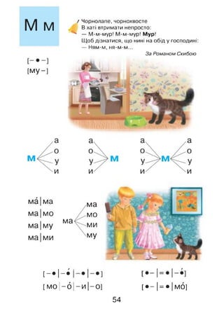 М м
[му-]
/ Чорнолапе,чорнохвосте
В хаті втримати непросто:
^ — М-м-мур! М-м-мур! Мур!
Щоб дізнатися, що нині на обід у господині:
— Ням-м, ня-м-м...
За Романом Скибою
ма ма ма
ма мо
ма
мо
ма му ми
ма ми му
[-•1
Г і
—•
[МО |-6| —и |—0]
54
[• —!= •! мої
 
