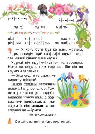 ма|мі ма|му
А6в<ґдЕ і'ігКлмНопРсТуФХЦЧш
ми Імо
Ь/оЯ
різ |ні ко|льо|ри пла|кав
різ |ний ко| льо| рб| вий за|пла|кав
— Я хочу бути буз|ко|вим, жовтим,
темно-синім, най |кра| си |ві | шим! — ска­
зав малий півник мамі квочці.
Уранці він про | ки | нув |ся кольоровим.
Ніхто не хотів з ним гратися. Він сів на
клумбі й заплакав:
— Буду сидіти тут, доки не
виросту квіткою!
Пішов теплий весняний-------- ---------- — ► — ►
дощик. І сталося диво. Там,
де з півника натекла фарба,
виросли чудові квіти з бар­
вистими пелюстками. І на­
звали їх півниками, а на­
справді це — іриси.
За Надією Кир’ян
' > Складіть речення з підкреслених слів.
59
 