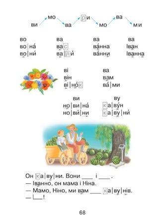 во ва ва ва
во Іна ва@ ванна Іван
во НИ ва|[л]й ванни Іванна
Он [к]а|ву|ни. Вони___ і ____.
— Іванно, он мама і Ніна.
— Мамо, Ніно, ми вам___ [к]а| ву |нів.
68
 