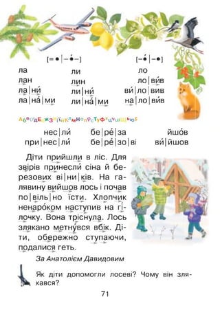 .де&г».
/
[=•!
І г г
[-• !-•]
ла ли ло
лан лин— ►
ло| вйв
ла| нй ЛИІнй вй Іло Івив
І І г
ла|на |ми ли|на|ми на Іло Івив
А6в^дЕ «з іїйКлмНоп<)сТуФхц1'ш ь»о5
нес|лй бе|ре|за йшов
при|нес|лй бе Іре ІЗОІВІ ВИІйшов
Діти прийшли в ліс. Для
звірів принесли сіна й бе­
резових ві |ни |ків. На га­
лявину вийшов лось і почав
ПОІВІЛЬІНО їсти. Хлопчик1► 1 —► —►
ненароком наступив на гі­
лочку. Вона тріснула. Лось
злякано метнувся вбік. Ді­
ти, обережно ступаючи,
подалися геть.
За Анатолієм Давидовим
Як діти допомогли лосеві? Чому він зля-
кався?
71
 