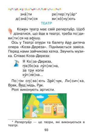 Аб'Ч'дЕ *с3 і'(йКлмНОп9сТуФхц‘<аі Ь*)Я
зна|ти ре Іпер Іту Іар*
ді|зна|ти|ся ви|ко|ну|ють
ТЕАТР
Кожен театр має свій репертуар. Щоб
дізнатися, що йде в театрі, треба по |ди­
ви Іти Іся на афішу.
Ось у Театрі опери та балету йде дитяча
опера «Коза-Дереза». Піднімається завіса.
Перед нами зайчикова хатка. Звучить музи­
ка. Співає Коза-Дереза:
^ Я Ко|за-Дереза,
А пів|бо|ка луп|ле|на,
за три копи
куп |ле |на...
По Ітім спі|ва|ють Зай|чик, Ли|сич|ка,
Вовк, Вед Імідь, Рак.
Ролі виконують артисти.
* Репертуар — це твори, які виконуються в
театрі.
93
 