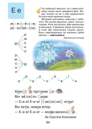 Ее
[•!
[е -ел'|вё =
; На найвищій вершині гір у криштале­
вому палаці жила прекрасна фея. Жо­
ден чоловік не міг з нею одружитися,
бо вона мала крижане серце.
Молодий мисливець вирішив її поба­
чити. Він долав вершини, укриті снігом і
—• ] льодом. Коли зустрілися, фея закохалася
в мисливця. її крижане серце розтануло.
1 3 очей феї покотилися сльози щастя.
Вони перетворилася на маленькі срібні
зірочки — едельвейси.
Карпатськалегенда
Уранці постукав [д]о .
Він ве|се|ло [г]укав:
— Е-е-е! Е-е-е! і ве |се |ли[й] вітер!
Він летів, немов вітер.
— Е-е-е! Е-е-е! — волав весели[й]
За Сергієм Козловим
94
 