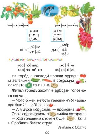 А6В<ҐДЕ *3 і’ійКлмНоп9сТуФхичш ь»оЯ
гос по дар хо тії ли
гос| по Ідй1ня за|хо |ті 1ли
На городі в господині росли червоні ■>'')
із зел еним і^И ^1, солодким
соковита та пишна ■
Жителі городу захотіли вибрати головно­
го овоча.
— Чого б мені не бути головним? Я найяс­
кравіший! — обізвався 3 .
— А я дуже корисний, — промовив 4) ^ .
Овочі сперечались, а сиділа осторонь.
— Хай головним овочем буде / у , бо з
неї роблять багато страв.
За Марією Солтис
99
 