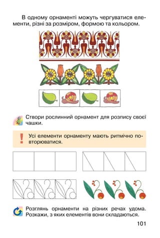 101
В одному орнаменті можуть чергуватися еле-
менти, різні за розміром, формою та кольором.
Створи рослинний орнамент для розпису своєї
чашки.
Усі елементи орнаменту мають ритмічно по-
вторюватися.
Розглянь орнаменти на різних речах удома.
Розкажи, з яких елементів вони складаються.
 