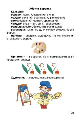 125
Абетка Барвика
Кольори:
основні: жовтий, червоний, синій;
похідні: зелений, оранжевий, фіолетовий;
теплі: червоний, жовтий, оранжевий;
холодні: блакитний, синій, фіолетовий;
розбілені: світлі, бо містять білий колір;
затемнені: темні, бо до їх складу входить чорна
фарба.
Палітра — спеціальна дощечка, на якій художни-
ки змішують фарби.
Орнамент — візерунок, яким прикрашають різні
предмети і споруди.
Художник — людина, яка малює картини.
 