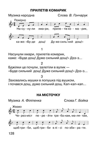 128
ПРИЛЕТІВ КОМАРИК
Музика народна Слова В. Гончарук
            
    
   
 
НА МІСТОЧКУ
Музика А. Філіпенка Слова Г. Бойка
1
Насунули хмари, прилетів комарик,
каже: «Буде дощ! Дуже сильний дощ!» Дзз-з…
2
Бджілки це почули, залетіли в вулик —
«Буде сильний дощ! Дуже сильний дощ!» Дзз-з…
3
Заховались мушки в лопушка під вушком,
і почався дощ, дуже сильний дощ. Кап-кап-кап…
 