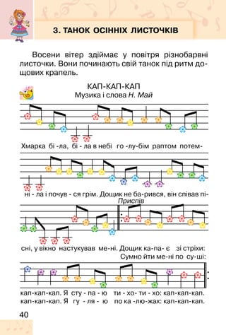 40
3. ТАНОК ОСІННІХ ЛИСТОЧКІВ
Восени вітер здіймає у повітря різнобарвні
листочки. Вони починають свій танок під ритм до-
щових крапель.
КАП-КАП-КАП
Музика і слова Н. Май
 