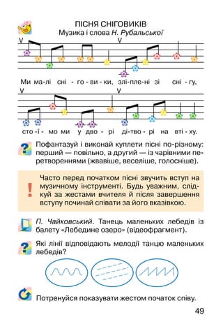 49
ПІСНЯ СНІГОВИКІВ
Музика і слова Н. Рубальської
Пофантазуй і виконай куплети пісні по-різному:
перший — повільно, а другий — із чарівними пе-
ретвореннями (жвавіше, веселіше, голосніше).
П. Чайковський. Танець маленьких лебедів із
балету «Лебедине озеро» (відеофрагмент).
Які лінії відповідають мелодії танцю маленьких
лебедів?
VV
VV
Часто перед початком пісні звучить вступ на
музичному інструменті. Будь уважним, слід-
куй за жестами вчителя й після завершення
вступу починай співати за його вказівкою.
Ми ма-лі сні - го - ви - ки, злі-пле-ні зі сні - гу,
сто -ї - мо ми у дво - рі ді-тво - рі на вті - ху.
Потренуйся показувати жестом початок співу.
 