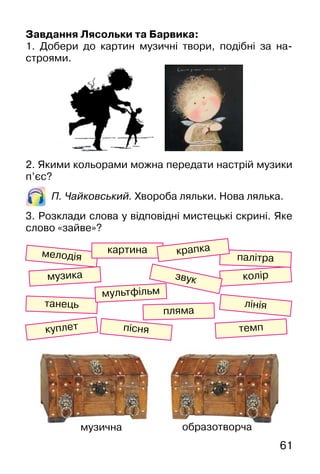 61
Завдання Лясольки та Барвика:
1. Добери до картин музичні твори, подібні за на-
строями.
2. Якими кольорами можна передати настрій музики
п’єс?
П. Чайковський. Хвороба ляльки. Нова лялька.
3. Розклади слова у відповідні мистецькі скрині. Яке
слово «зайве»?
колір
куплет
звук
танець
мелодія
музика
лінія
картина
темп
мультфільм
пляма
палітра
пісня
крапка
музична образотворча
 