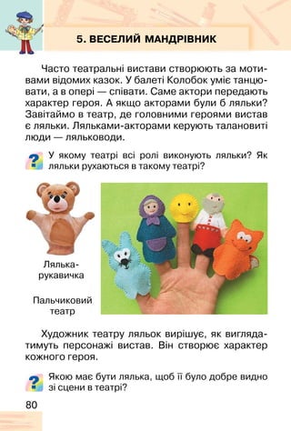 80
5. ВЕСЕЛИЙ МАНДРІВНИК
Часто театральні вистави створюють за моти-
вами відомих казок. У балеті Колобок уміє танцю-
вати, а в опері — співати. Саме актори передають
характер героя. А якщо акторами були б ляльки?
Завітаймо в театр, де головними героями вистав
є ляльки. Ляльками-акторами керують талановиті
люди — ляльководи.
У якому театрі всі ролі виконують ляльки? Як
ляльки рухаються в такому театрі?
Художник театру ляльок вирішує, як вигляда-
тимуть персонажі вистав. Він створює характер
кожного героя.
Якою має бути лялька, щоб її було добре видно
зі сцени в театрі?
Пальчиковий
театр
Лялька-
рукавичка
 