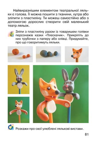 81
Найвиразнішим елементом театральної ляль-
ки є голова. Її можна пошити з тканини, хутра або
зліпити з пластиліну. Ти можеш самостійно або з
допомогою дорослих створити свій маленький
театр ляльок.
Зліпи з пластиліну разом із товаришем голівки
персонажів казки «Плескачик». Прикріпіть до
них трубочки з паперу або олівці. Придумайте,
про що говоритимуть ляльки.
Розкажи про свої улюблені лялькові вистави.
 