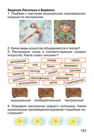 123
Задания Лясольки и Барвика:
1. Подбери к картинам музыкальные произведения,
сходные по настроению.
2. Какие виды искусства объединяются в театре?
3. Распредели слова в соответствующие сундуки
искусства. Какое слово «лишнее»?
музыкальный изобразительный театральный
декорация
хор
опера
балет
театр
орнамент
костюм
силуэт
дирижёр
ритм
пятно
композитор
контур
мультфильм
оркестр
роспись
солист
исполнитель
4. Определи настроение каждого солнышка. Какие
музыкальные произведения выражают подобные на-
строения?
 