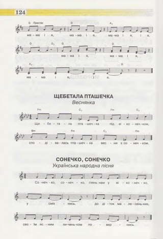 124
ЩЕБЕТАЛА ПТАШЕЧКА
Веснянка
Рт С7 Ят С7
Ще - бе - та - ла пта - шеч - ка під ві - ко - неч -ком,
СОНЕЧКО,СОНЕЧКО
Українська народна пісня
Со -неч - ко, со - неч - ко, глянь нам у ві - ко - неч - ко,
 
