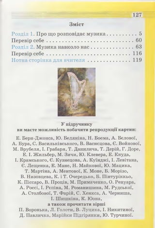 Зміст
127
Розділ 1. Про що розповідає музика....................... 5
Перевір себ е.................................................................60
Розділ 2. Музика навколо н ас................................ 63
Перевір себ е...............................................................116
Нотна сторінка для вч и тел я.................................119
У підручнику
ви маєте можливість побачити репродукції картин:
Е. Берн-Джонса, Ю. Беляніна, Н. Боема, А. Бєлової,
А. Бура, С. Васильківського, В. Васнецова, Є. Войнової,
М. Врубеля, І. Грабаря, Т. Данилича, Т. Дерій, Г. Доре,
Е. І. Жильбер, М. Зичи, Ю. Клевера, Е. Кнуда,
І. Крамського, Є. Кузнецова, А. Куїнджі, І. Левітана,
Є. Лещенка, Е. Мане, Н. Майнової, Ю. Мацика,
Т. Мартіна, А. Ментової, К. Моне, Б. Морізо,
В. Низовцева, К. і Т. Очередько, Б. Пінтуріккьо,
К. Піссаро, В. Проців, М. Примаченко, О. Ренуара,
А. Россі, І. Рєпіна, М. Романишина, М. Рудської,
А. Столбової, Т. Фарій, С. Хенкса, А. Черниша,
І. Ш ишкіна, К. Юона,
а також прочитати вірші
П. Воронька, Л. Голоти, В. Луцика, І. Никитиної,
Д. Павличка, Марійки Підгірянки, Ю. Турчиної.
 