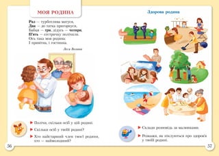 56 57
Здорова родинаМОЯ РОДИНА
Раз — турботлива матуся,
Два — до татка пригорнуся,
Бабця — три, дідусь — чотири,
П’ять — сестричку полічили.
Ось така моя родина:
І привітна, і гостинна.
Леся Вознюк
	Полічи, скільки осіб у цій родині.
	Скільки осіб у твоїй родині?
	Хто найстарший член твоєї родини,
хто — наймолодший?
	Склади розповідь за малюнками.
	Розкажи, як піклуються про здоров’я
у твоїй родині.
 