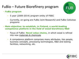FuBio – Future Biorefinery program
• FuBio program
• 5 year (2009-2014) program entity of FIBIC
• Currently, on-going are FuBio Joint Research2 and FuBio Cellulose
programs
• Main objective: to establish, in Finland, a world-leading
competence platform in the field of wood biorefinery R&D
• Focus of FuBio: Novel value chains, in which wood is refined
into new materials & chemicals
• A competence platform comprises many attributes, like people,
business concepts, processing technologies, R&D and testing
facilities, networking, etc.
 
