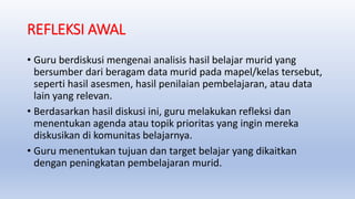 REFLEKSI AWAL
• Guru berdiskusi mengenai analisis hasil belajar murid yang
bersumber dari beragam data murid pada mapel/kelas tersebut,
seperti hasil asesmen, hasil penilaian pembelajaran, atau data
lain yang relevan.
• Berdasarkan hasil diskusi ini, guru melakukan refleksi dan
menentukan agenda atau topik prioritas yang ingin mereka
diskusikan di komunitas belajarnya.
• Guru menentukan tujuan dan target belajar yang dikaitkan
dengan peningkatan pembelajaran murid.
 
