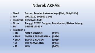 Nderek AKRAB
 Nami : Sarono Sumber Laksono Joyo (1Ist, 2AK/Pi-Pa)
 NIP : 19710220 199802 1 003
 Pakaryan: Pengawas SMP
 Griya : Panggil 02/02, Sengon, Prambanan, Klaten, Jateng.
 TA : 081578175233
 Pasinaon :
• SD : SDN 2 SENGON (1983)
• SMP : SMPN 1 PRAMBANAN (1986)
• SMA : SMAN 2 KLATEN (1989)
• S1 : IKIP SEMARANG (1994)
• S2 : UNY (2003)
 