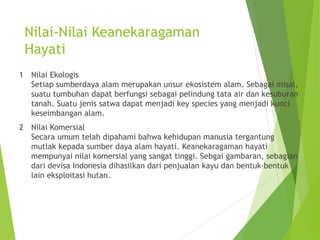 Nilai-Nilai Keanekaragaman
Hayati
1 Nilai Ekologis
Setiap sumberdaya alam merupakan unsur ekosistem alam. Sebagai misal,
suatu tumbuhan dapat berfungsi sebagai pelindung tata air dan kesuburan
tanah. Suatu jenis satwa dapat menjadi key species yang menjadi kunci
keseimbangan alam.
2 Nilai Komersial
Secara umum telah dipahami bahwa kehidupan manusia tergantung
mutlak kepada sumber daya alam hayati. Keanekaragaman hayati
mempunyai nilai komersial yang sangat tinggi. Sebgai gambaran, sebagian
dari devisa Indonesia dihasilkan dari penjualan kayu dan bentuk-bentuk
lain eksploitasi hutan.
 