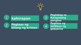 kahirapan
Pagtaas ng
bilang ng krimen
Paglabag sa
Karapatang
pangtao
Paghina ng
serbisyo ng
gobyerno
1
2
3
4
 