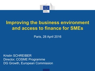 Improving the business environment
and access to finance for SMEs
Paris, 28 April 2016
Kristin SCHREIBER
Director, COSME Programme
DG Growth, European Commission
 