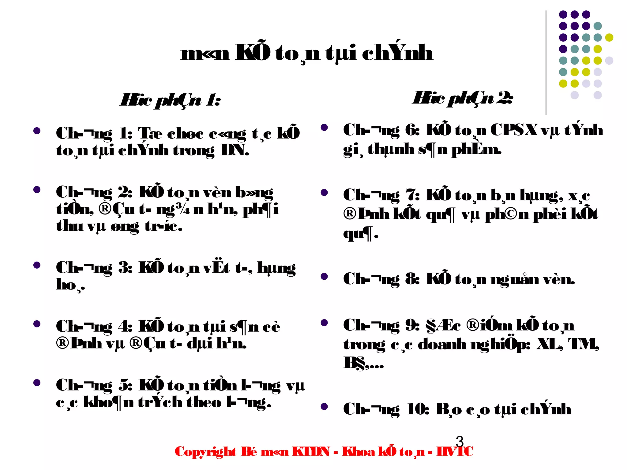 m«n KÕ to¸n tµi chÝnh
            H phÇn 1:
             äc                                     H phÇn 2:
                                                     äc
   Ch­¬ng 1: Tæ chøc c«ng t¸c kÕ        Ch­¬ng 6: KÕ to¸n CPSX vµ tÝnh
    to¸n tµi chÝnh trong DN.              gi¸ thµnh s¶n phÈm.

   Ch­¬ng 2: KÕ to¸n vèn b»ng           Ch­¬ng 7: KÕ to¸n b¸n hµng, x¸c
    tiÒn, ®Çu t­ ng¾ n h¹n, ph¶i          ®Þnh kÕt qu¶ vµ ph©n phèi kÕt
    thu vµ øng tr­íc.                     qu¶.
   Ch­¬ng 3: KÕ to¸n vËt t­, hµng
    ho¸.                                 Ch­¬ng 8: KÕ to¸n nguån vèn.

   Ch­¬ng 4: KÕ to¸n tµi s¶n cè         Ch­¬ng 9: §Æc ®iÓm kÕ to¸n
    ®Þnh vµ ®Çu t­ dµi h¹n.               trong c¸c doanh nghiÖp: XL, TM,
                                          B§,...
   Ch­¬ng 5: KÕ to¸n tiÒn l­¬ng vµ
    c¸c kho¶n trÝch theo l­¬ng.          Ch­¬ng 10: B¸o c¸o tµi chÝnh
                                                          3
                  Copyright Bé m«n KTDN - Khoa kÕ to¸n - HVTC
 
