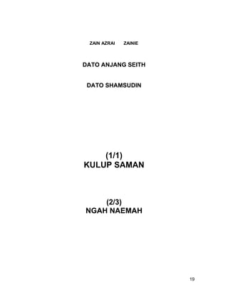 ZAIN AZRAI   ZAINIE



DATO ANJANG SEITH


 DATO SHAMSUDIN




    (1/1)
KULUP SAMAN



    (2/3)
NGAH NAEMAH




                       19
 