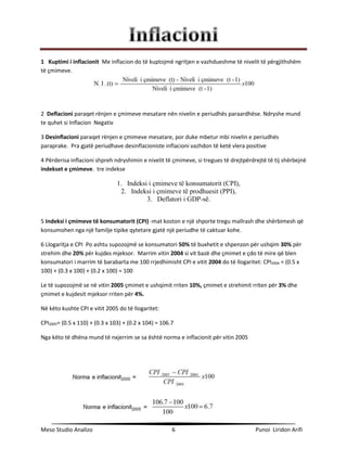 Meso Studio Analizo 6 Punoi Liridon Arifi
1 Kuptimi i inflacionit Me inflacion do të kuptojmë ngritjen e vazhdueshme të nivelit të përgjithshëm
të çmimeve.
2 Deflacioni paraqet rënjen e çmimeve mesatare nën nivelin e periudhës paraardhëse. Ndryshe mund
te quhet si Inflacion Negativ
3 Desinflacioni paraqet rënjen e çmimeve mesatare, por duke mbetur mbi nivelin e periudhës
paraprake. Pra gjatë periudhave desinflacioniste inflacioni vazhdon të ketë vlera positive
4 Përderisa inflacioni shpreh ndryshimin e nivelit të çmimeve, si tregues të drejtpërdrejtë të tij shërbejnë
indekset e çmimeve. tre indekse
1. Indeksi i çmimeve të konsumatorit (CPI),
2. Indeksi i çmimeve të prodhuesit (PPI),
3. Deflatori i GDP-së.
5 Indeksi i çmimeve të konsumatorit (CPI) -mat koston e një shporte tregu mallrash dhe shërbimesh që
konsumohen nga një familje tipike qytetare gjatë një periudhe të caktuar kohe.
6 Llogaritja e CPI Po ashtu supozojmë se konsumatori 50% të buxhetit e shpenzon për ushqim 30% për
strehim dhe 20% për kujdes mjeksor. Marrim vitin 2004 si vit bazë dhe çmimet e çdo të mire që blen
konsumatori i marrim të barabarta me 100 rrjedhimisht CPI e vitit 2004 do të llogaritet: CPI2004 = (0.5 x
100) + (0.3 x 100) + (0.2 x 100) = 100
Le të supozojmë se në vitin 2005 çmimet e ushqimit rriten 10%, çmimet e strehimit rriten për 3% dhe
çmimet e kujdesit mjeksor rriten për 4%.
Në këto kushte CPI e vitit 2005 do të llogaritet:
CPI2005= (0.5 x 110) + (0.3 x 103) + (0.2 x 104) = 106.7
Nga këto të dhëna mund të nxjerrim se sa është norma e inflacionit për vitin 2005
 