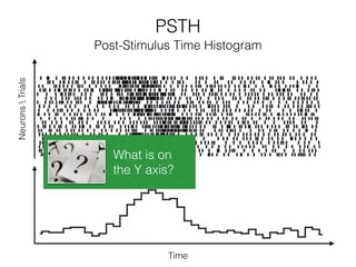 PSTH
Time
NeuronsTrials
Post-Stimulus Time Histogram
What is on
the Y axis?
 