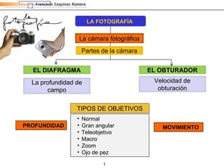 TIPOS DE OBJETIVOS ,[object Object],[object Object],[object Object],[object Object],[object Object],[object Object],MOVIMIENTO PROFUNDIDAD LA FOTOGRAFÍA La cámara fotográfica Partes de la cámara EL DIAFRAGMA EL OBTURADOR La profundidad de campo Velocidad de obturación 