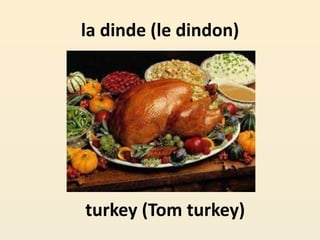 la dinde (le dindon)
turkey (Tom turkey)
 