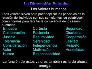 La DimensiónPsiquicaLos Valores humanosEsos valores sirven para poder aplicar los principios en la relación del individuo con sus semejantes, se establecen como normas para facilitar la convivencia de los seres humanos.SeguridadDisciplinaCooperaciónLealtadRespetoHonestidadEmpatíaColaboraciónJusticiaToleranciaConsideraciónValorHumorCortesíaPacienciaRecursividadSerenidadIndependenciaMotivaciónResponsabilidadLa función de estos valores también es la de ahorrar energía.
