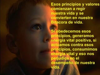 Esosprincipios y valorescomienzan a regirnuestravida y se convierten en nuestraBitacora de vida.Si obedecemosesosprincipios, generamosenergía vital positiva, siactuamos contra esosprincipios, consumimosenergía vital y esonosperjudica en el desempeño de nuestravida.