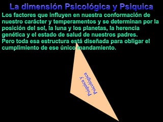 La dimensiónPsicológica y PsiquicaLos factoresqueinfluyen en nuestraconformación de nuestrocarácter y temperamentos y se determinanpor la posición del sol, la luna y los planetas, la herenciagenética y el estado de salud de nuestros padres.Perotodaesaestructuraestádiseñadaparaobligar el cumplimiento de eseúnicomandamiento.Psiquica y Psicológica
