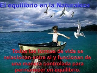 El equilibrio en la NaturalezaTodaslasformas de vida se relacionan entre si y funcionan de unamaneracontroladaparapermanecer en equilibrio.