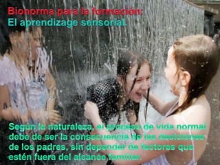 Bionormapara la formación:El aprendizagesensorial.Según la naturaleza, el proceso de vida normal debe de ser la consecuencia de lasdesiciones de los padres, sin depender de factoresqueesténfuera del alcance familiar.