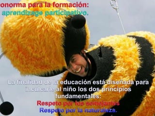 Bionormapara la formación:El aprendizageparticipativo.La finalidad de la educaciónestádiseñadaparainculcarle al niño los dos principiosfundamentales:Respetopor los semejantesRespetopor la naturaleza.