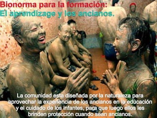 Bionormapara la formación:El aprendizagey los ancianos.La comunidadestadiseñadapor la naturalezaparaaprovechar la experiencia de los ancianos en la educación y el cuidado de los infantes, paraqueluegoellos les brindenproteccióncuandoseanancianos.