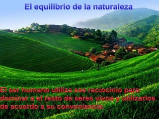 El equilibrio de la naturalezaEl ser humanoutilizaeseraciocinioparadominar a el resto de seresvivos y utilizarlos de acuerdo a suconveniencia.