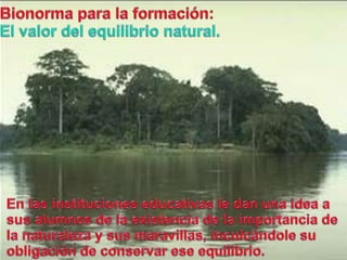 Bionormapara la formación:El valor del equilibrio natural.En lasinstitucioneseducativas le danuna idea a susalumnos de la existencia de la importancia de la naturaleza y susmaravillas, inculcándolesuobligación de conservareseequilibrio.