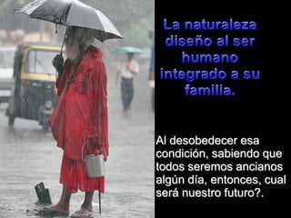 La naturalezadiseño al ser humanointegrado a sufamilia.Al desobedeceresacondición, sabiendoquetodosseremosancianosalgúndía, entonces, cualseránuestrofuturo?.