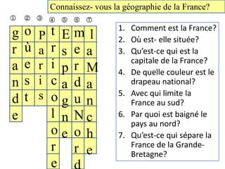 Connaissez- vous la géographie de la France?
①   ②   ③   ④   ⑤   ⑥   ⑦
                              1. Comment est la France?
g   o   P   t Eml
                              2. Où est- elle située?
r   ù   a   r s e a           3. Qu’est-ce qui est la
                                 capitale de la France?
a   e   r   i p r M           4. De quelle couleur est le
n   s   i   ca d a               drapeau national?
        s                     5. Avec qui limite la
d   t       og u n               France au sud?
e           l n Nc            6. Par quoi est baigné le
                                 pays au nord?
            oe o h            7. Qu’est-ce qui sépare la
            r r e                France de la Grande-
                                 Bretagne?
            e
 